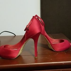 Red high- heeled open-toed shoes